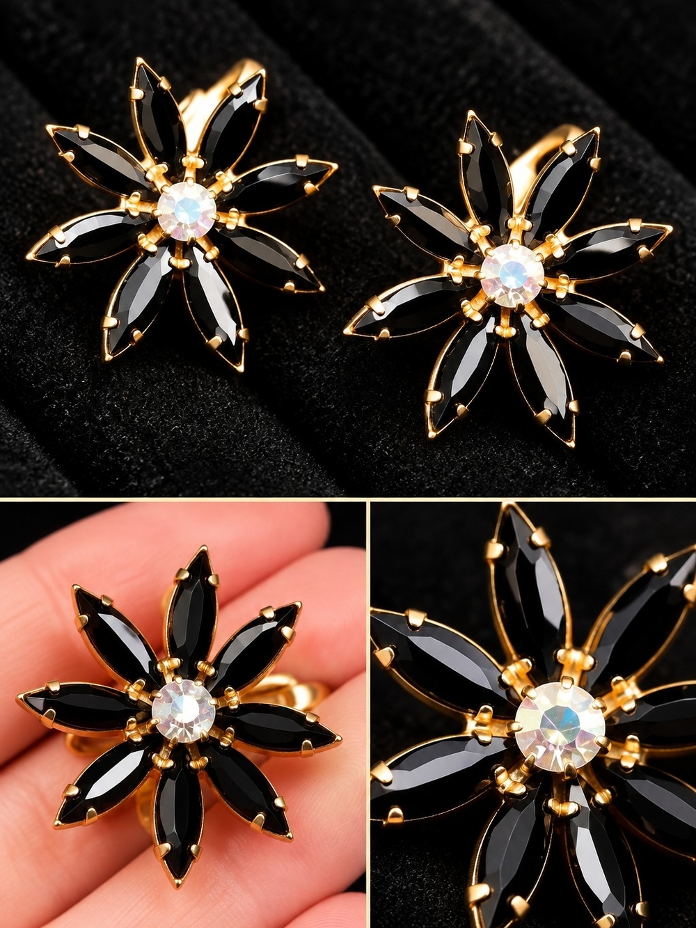 NAPIER Vintage Mid Century Black Glass Rhinestone Flower Clip Earrings